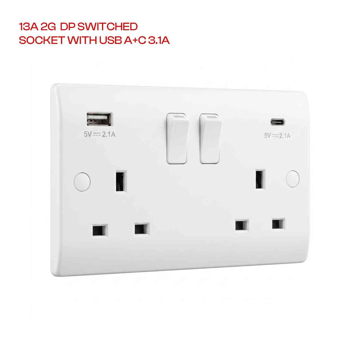13A Switched Socket White, 1 Gang, 2 Gang & USB