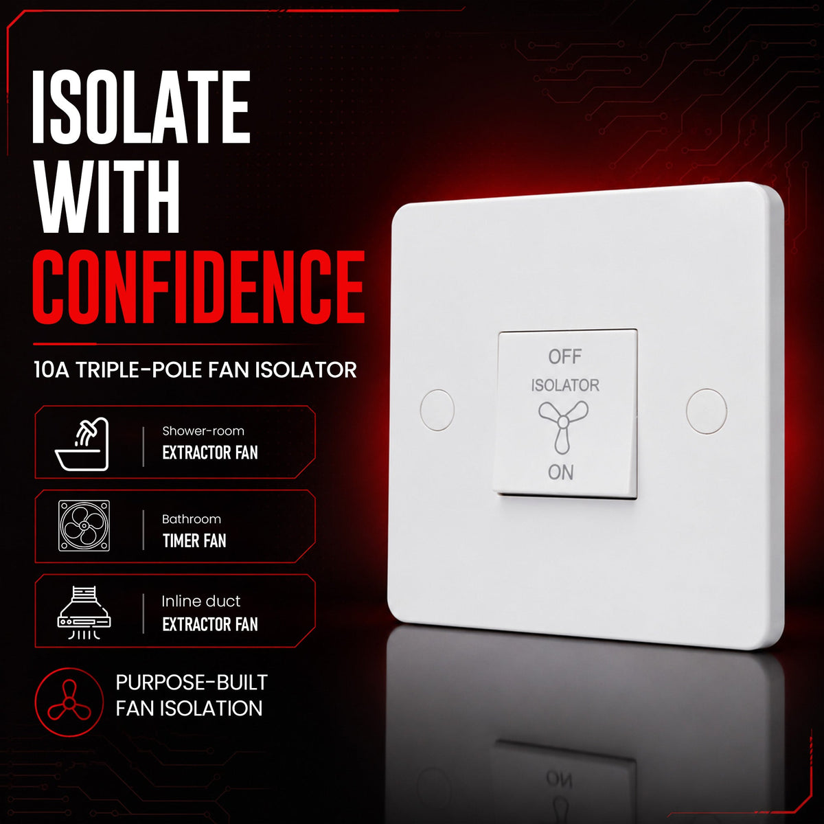 10A 3 Pole Fan Isolator Switch White 250V AC 86mm