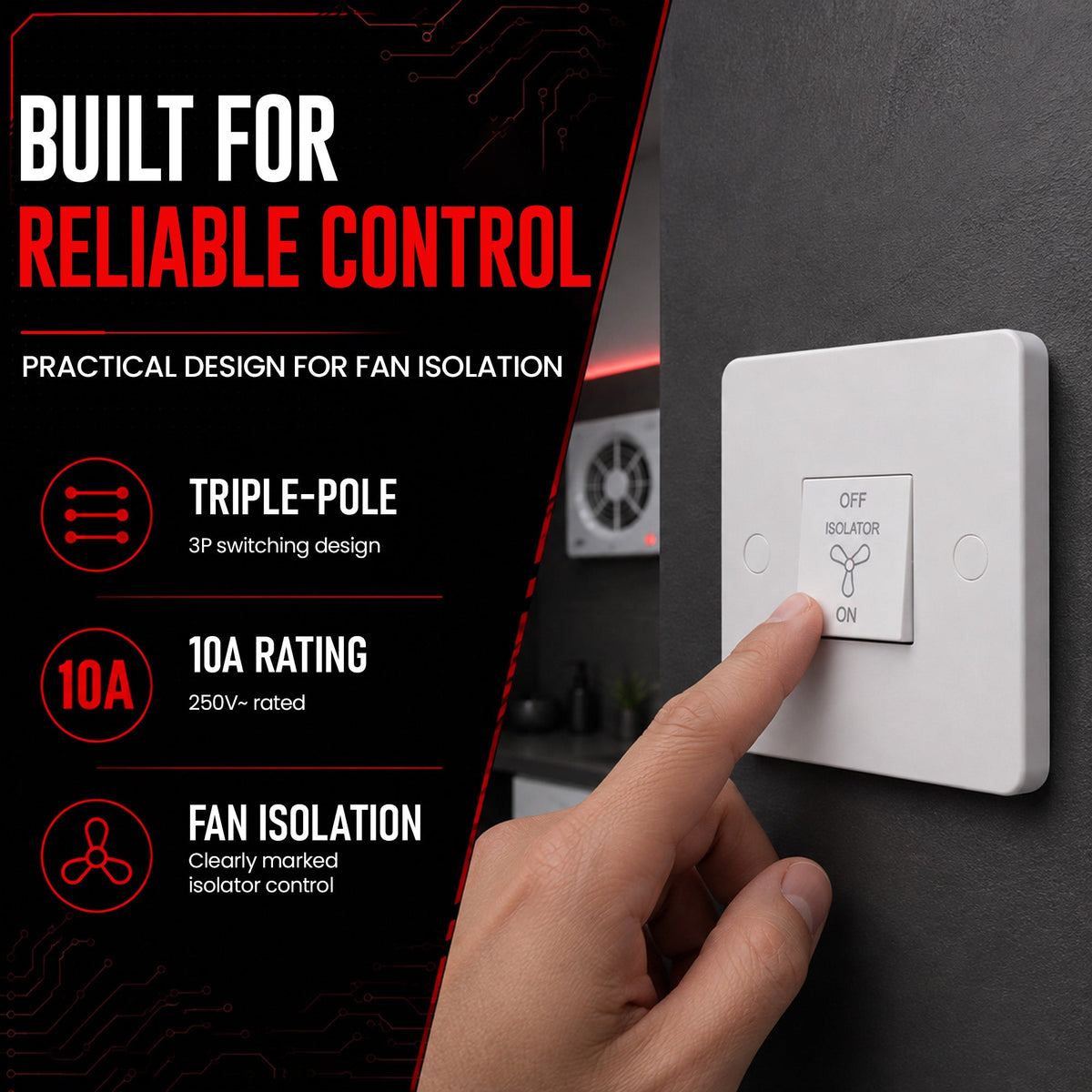 10A 3 Pole Fan Isolator Switch White 250V AC 86mm