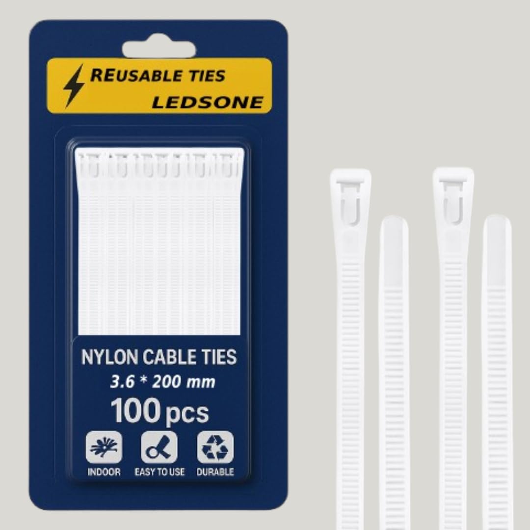 100 x Reusable Cable Ties Black / White Nylon Zip Ties
