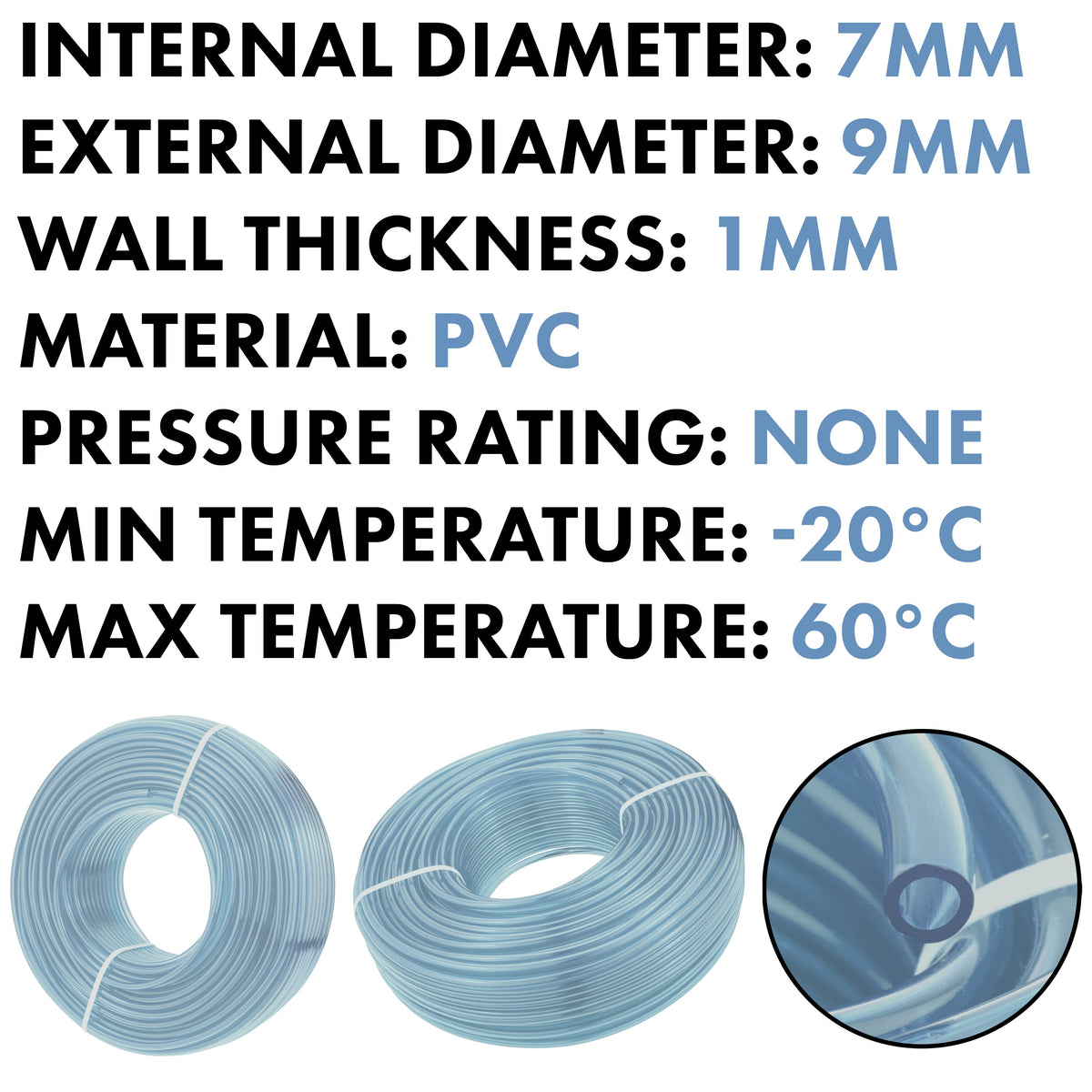 7mm x 9mm Clear PVC Tech Hose (1m)