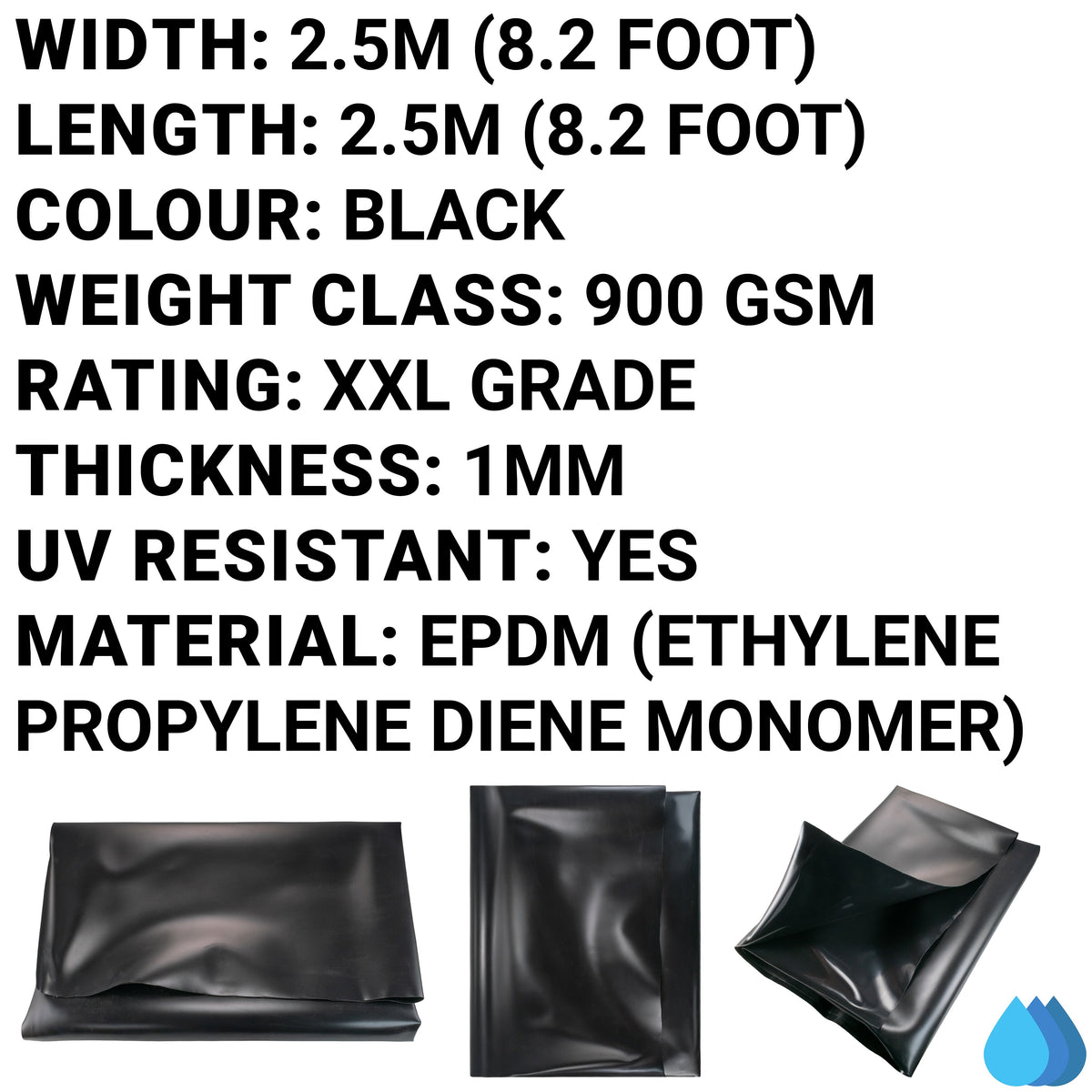 2.5m x 2.5m Pond Liner EPDM Rubber 900 GSM