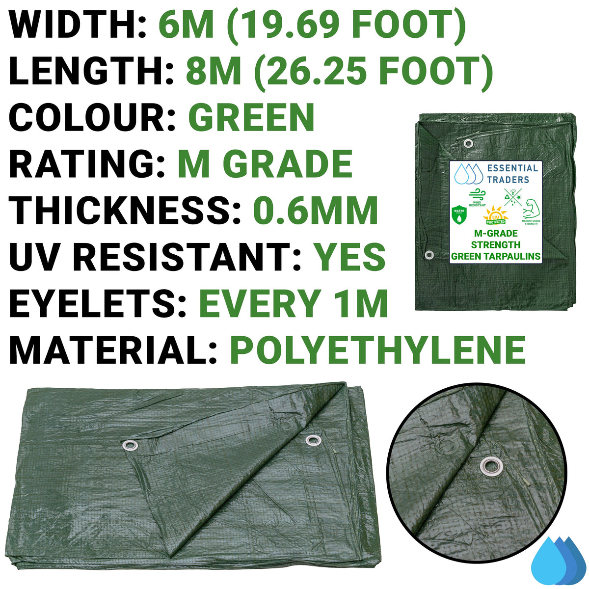 6m x 8m Green Tarpaulin - M Grade 90 GSM