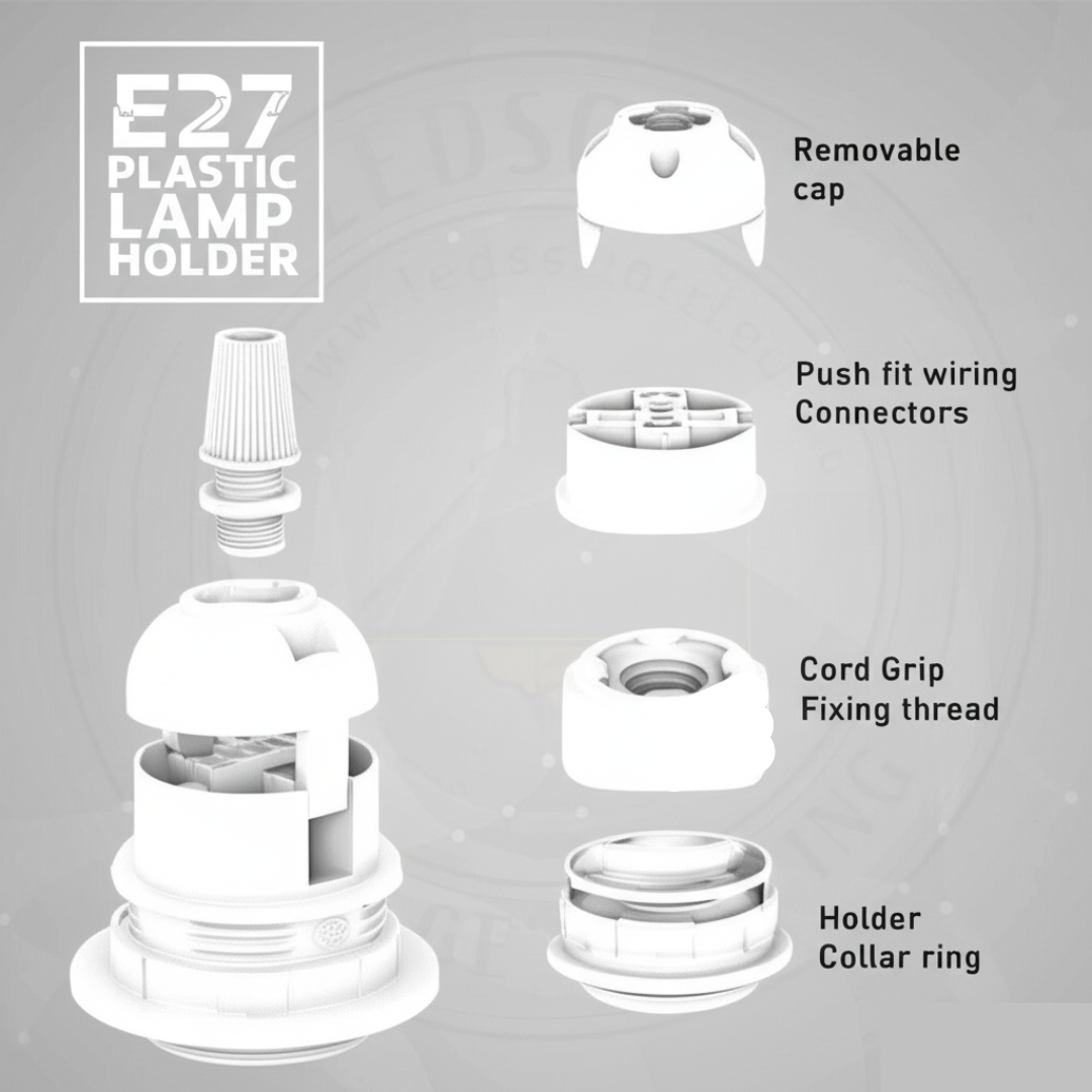 White Lamp Holder E27 Edison with Shade Ring & Cord Grip