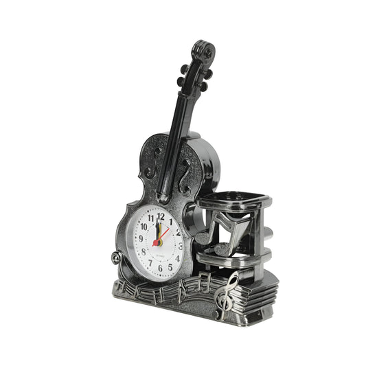 Violin Alarm Clock & Pen Holder - Vintage Style Analog Desk Decor