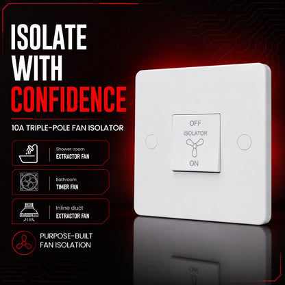 10A 3 Pole Fan Isolator Switch White 250V AC 86mm