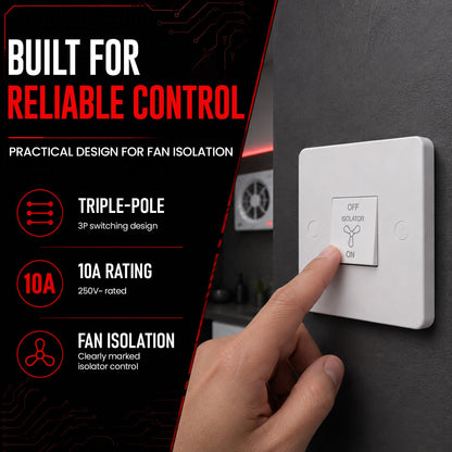 10A 3 Pole Fan Isolator Switch White 250V AC 86mm