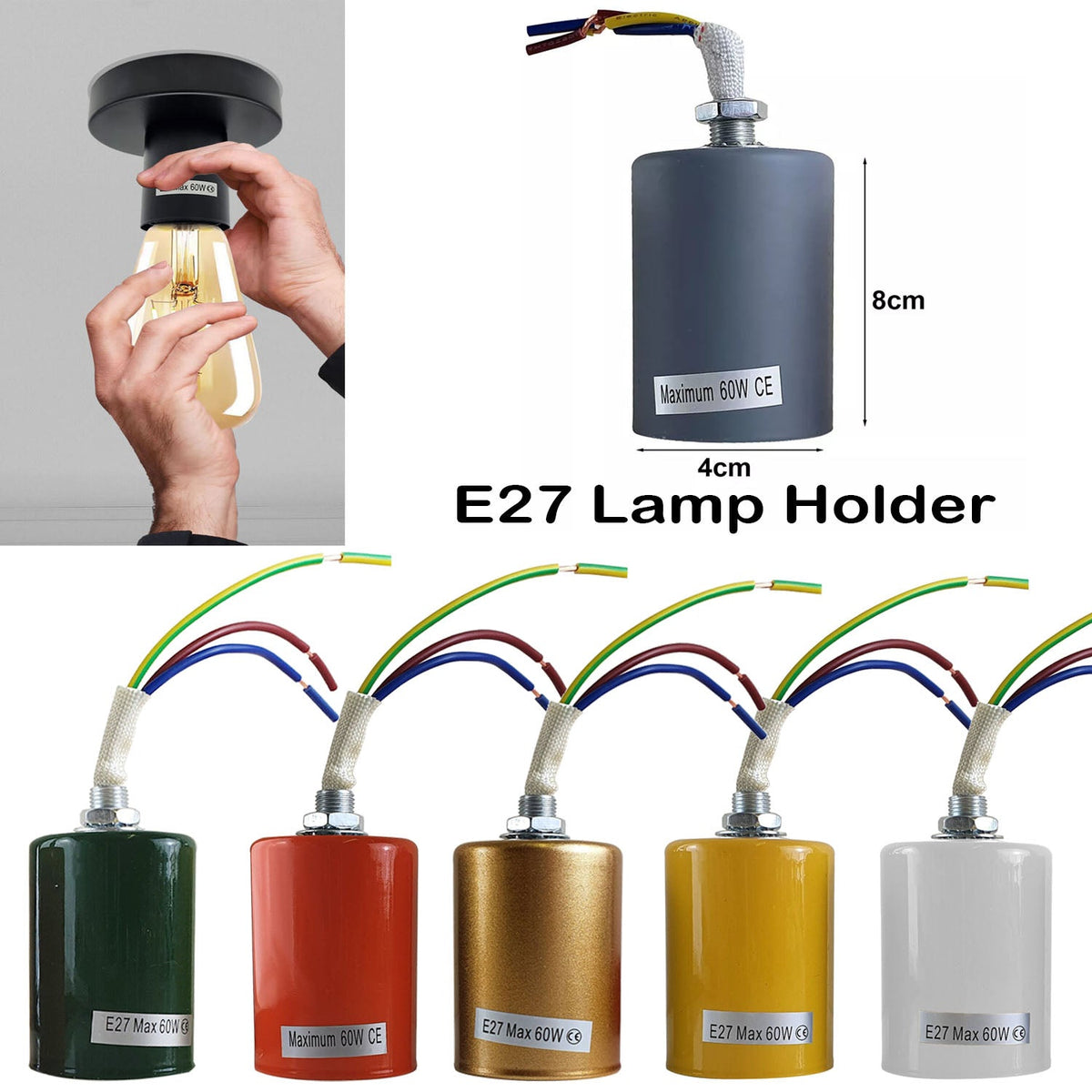 E27 Edison Screw Socket Light Bulb Holder Fitting - 6 Colour Options