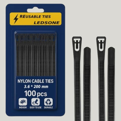 100 x Reusable Cable Ties Black / White Nylon Zip Ties