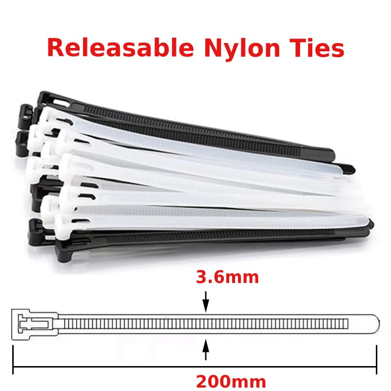 100 x Reusable Cable Ties Black / White Nylon Zip Ties