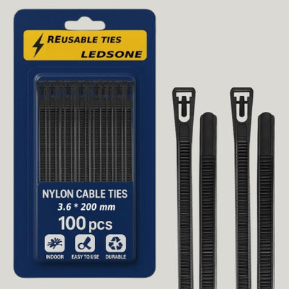 100 x Reusable Cable Ties Black / White Nylon Zip Ties