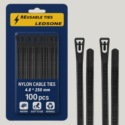 100 x Reusable Cable Ties Black / White Nylon Zip Ties