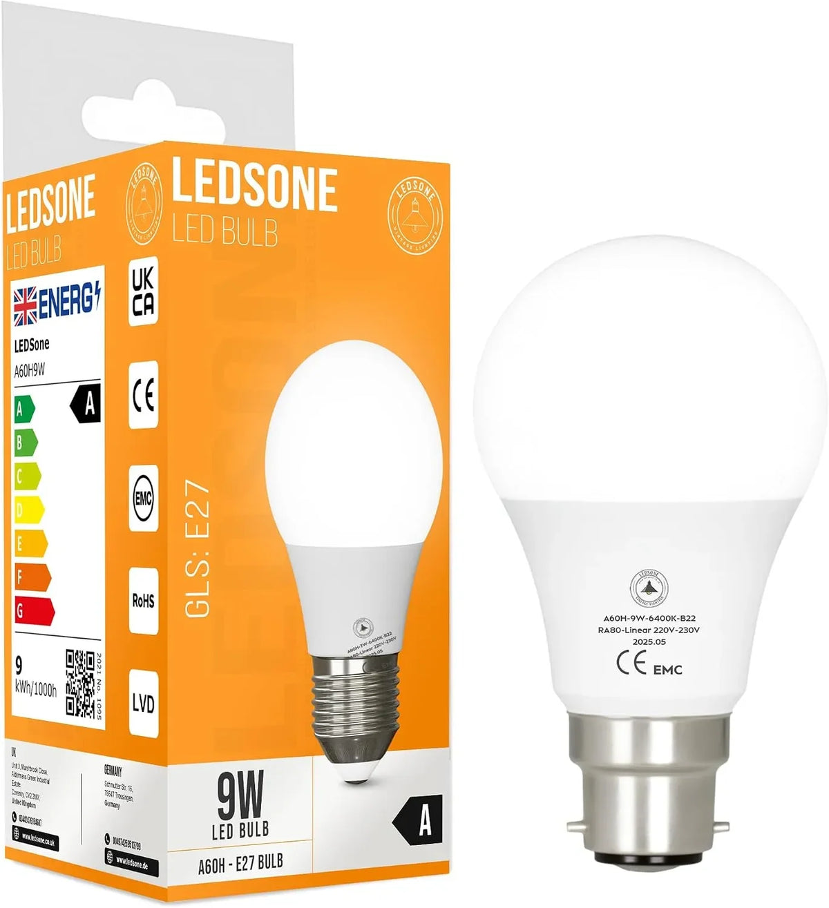 9W LED A60 Bulb B22 Bayonet Cap
