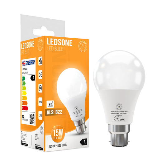B22 LED Bulb A65 15W 1500LM Cool White 6400K Energy Saving