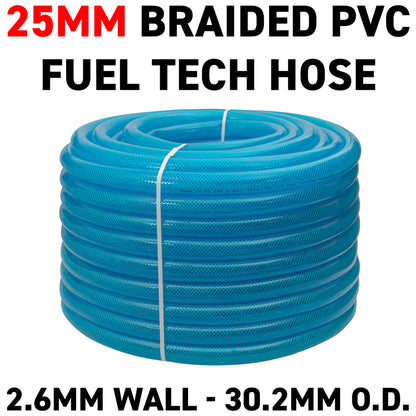 25mm PVC Fuel Tech Hose, Transparent Blue Braided - 1 Metre