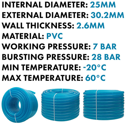 25mm PVC Fuel Tech Hose, Transparent Blue Braided - 1 Metre