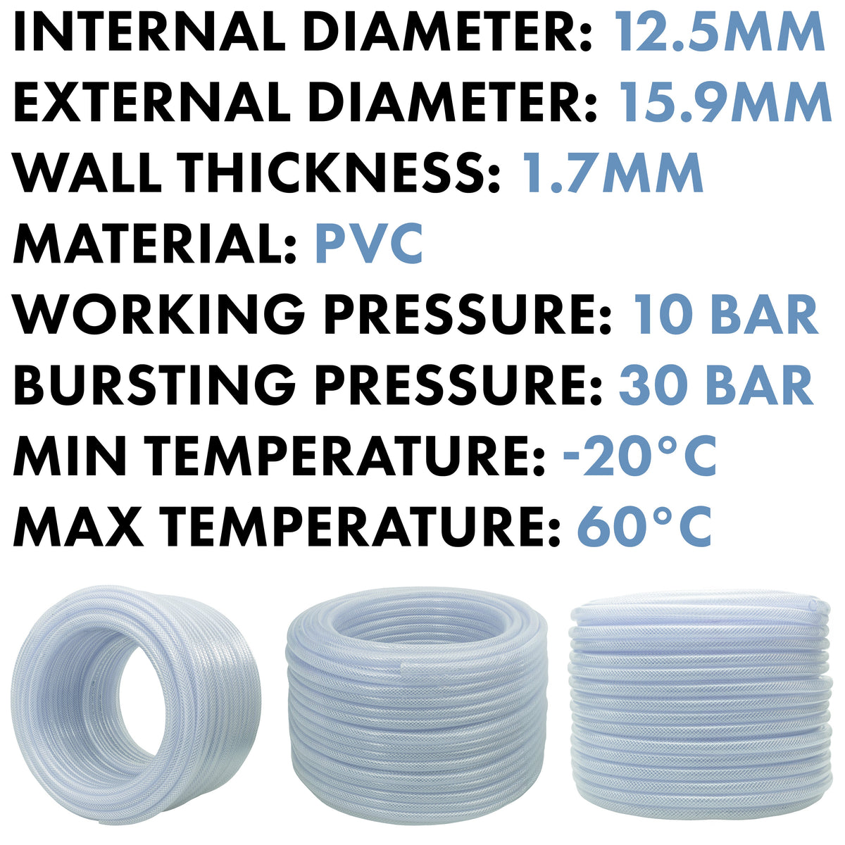 12.5mm Braided PVC Tech Hose, 1.7mm Wall Thickness