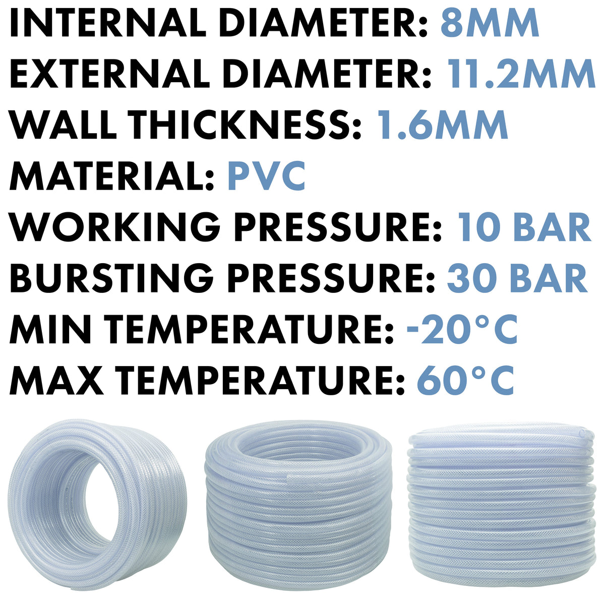 8mm Braided PVC Tech Hose - 1.6mm Wall Thickness