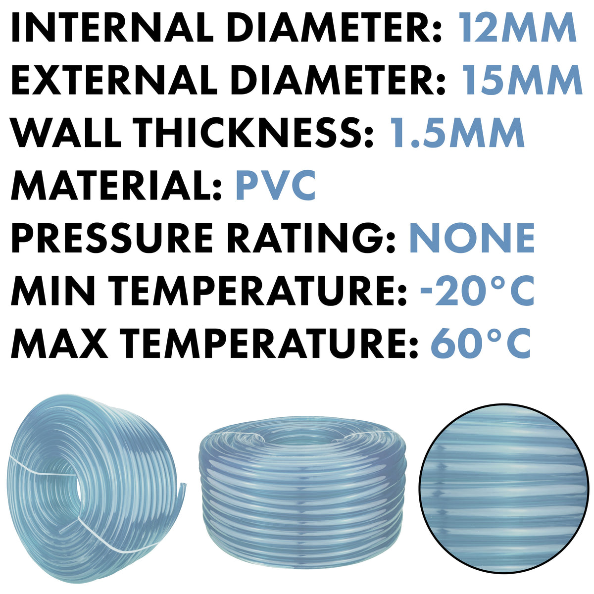 12mm x 15mm Clear PVC Tech Hose - 1 Metre