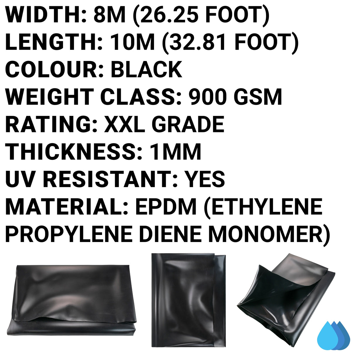 8m x 10m EPDM Rubber Pond Liner - 900 GSM