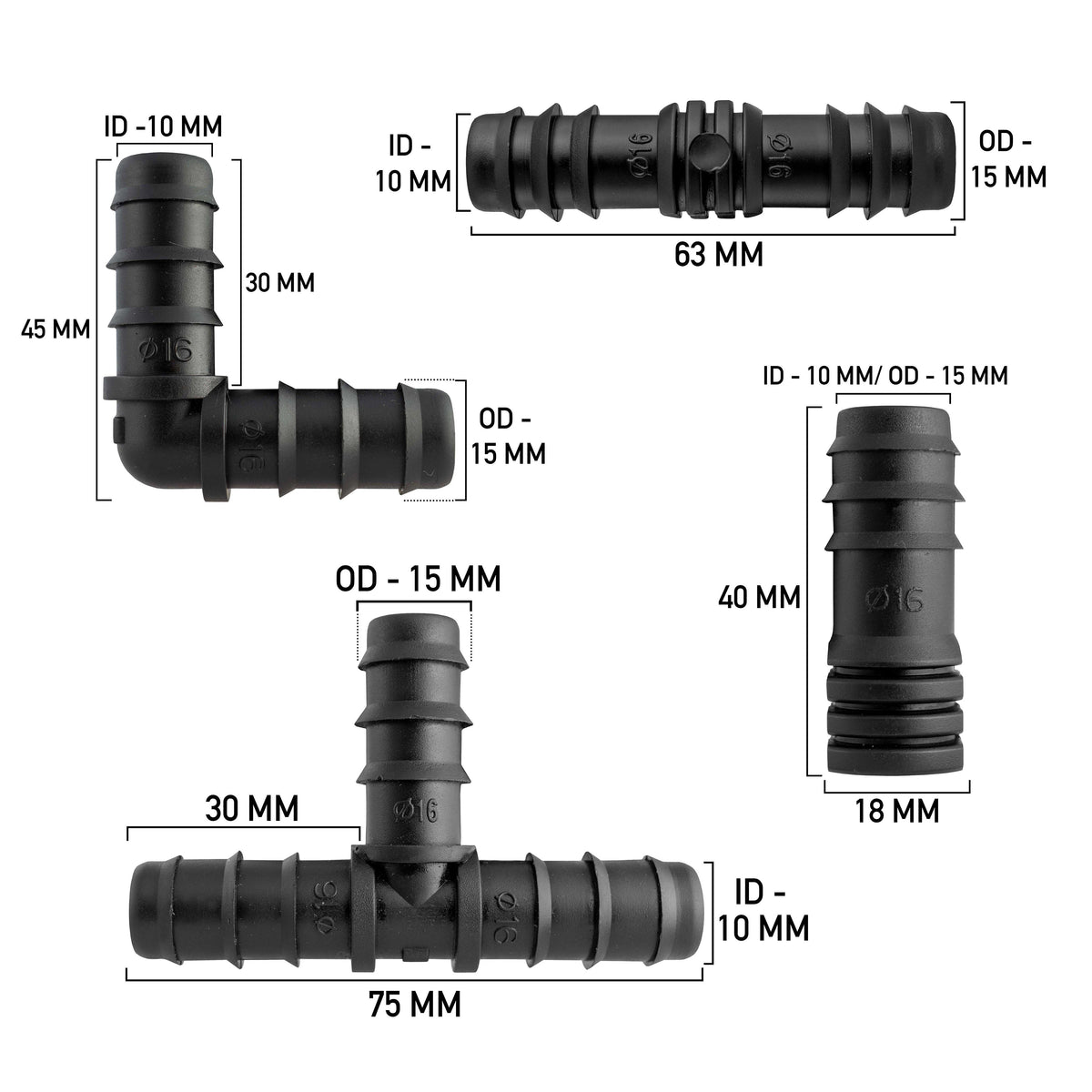 1/2" Irrigation Pipe Mixed Connectors - Pack of 10