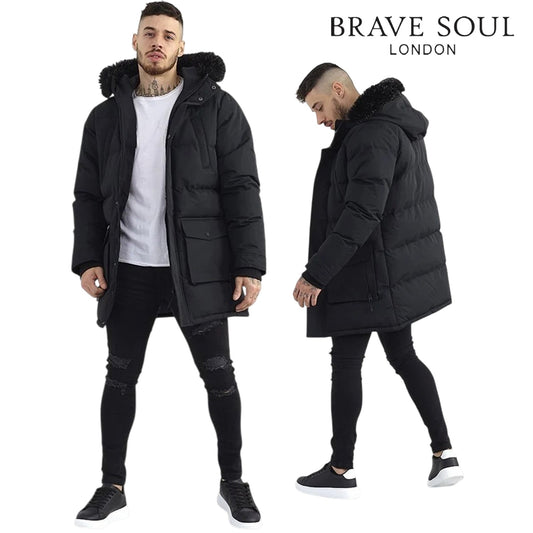 Mens Longline Padded Parka Jacket Black