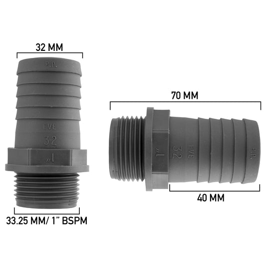 Barbed Adapter 32mm with 1" BSP Male Thread