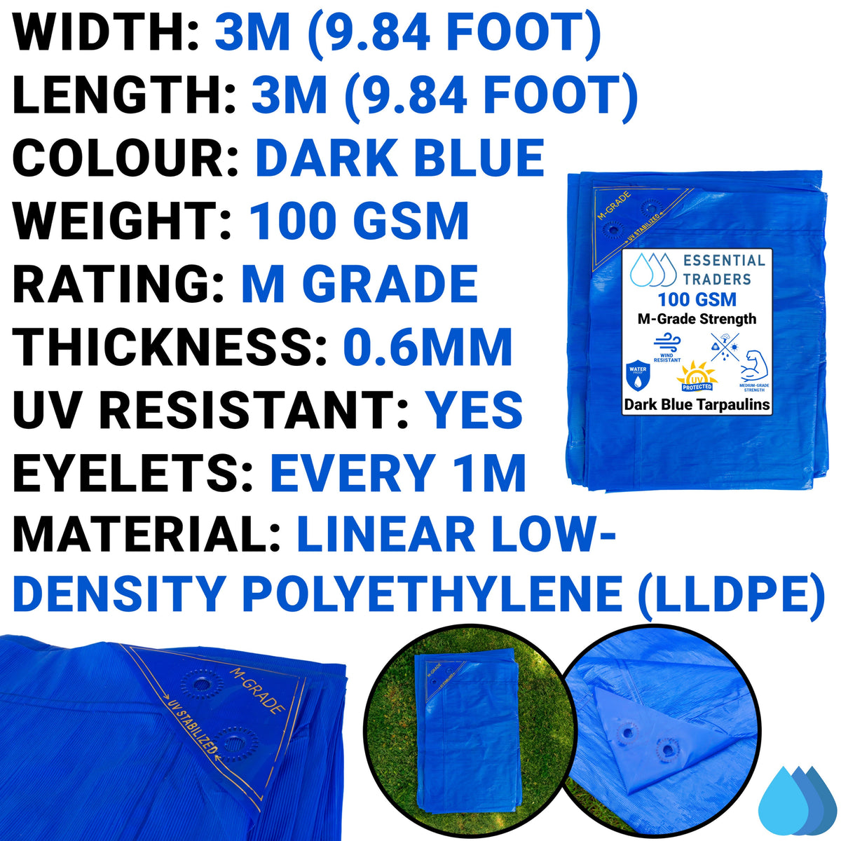 Blue Tarpaulin 3m x 3m  M-Grade 100 GSM
