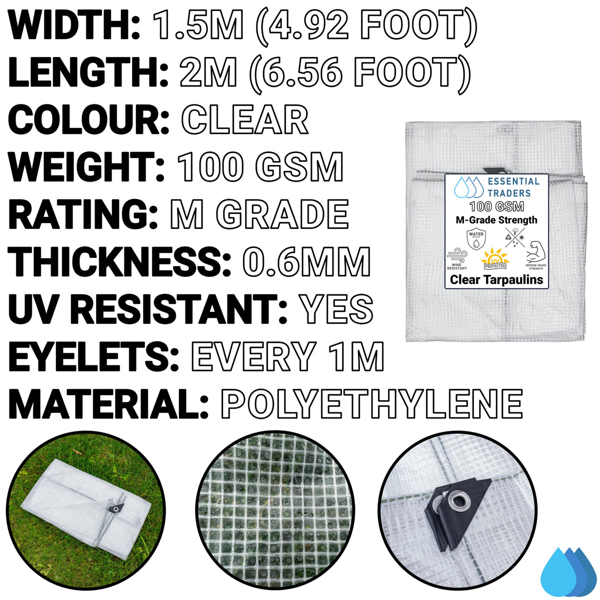 1.5m x 2m Clear Tarpaulin - M-Grade 100 GSM