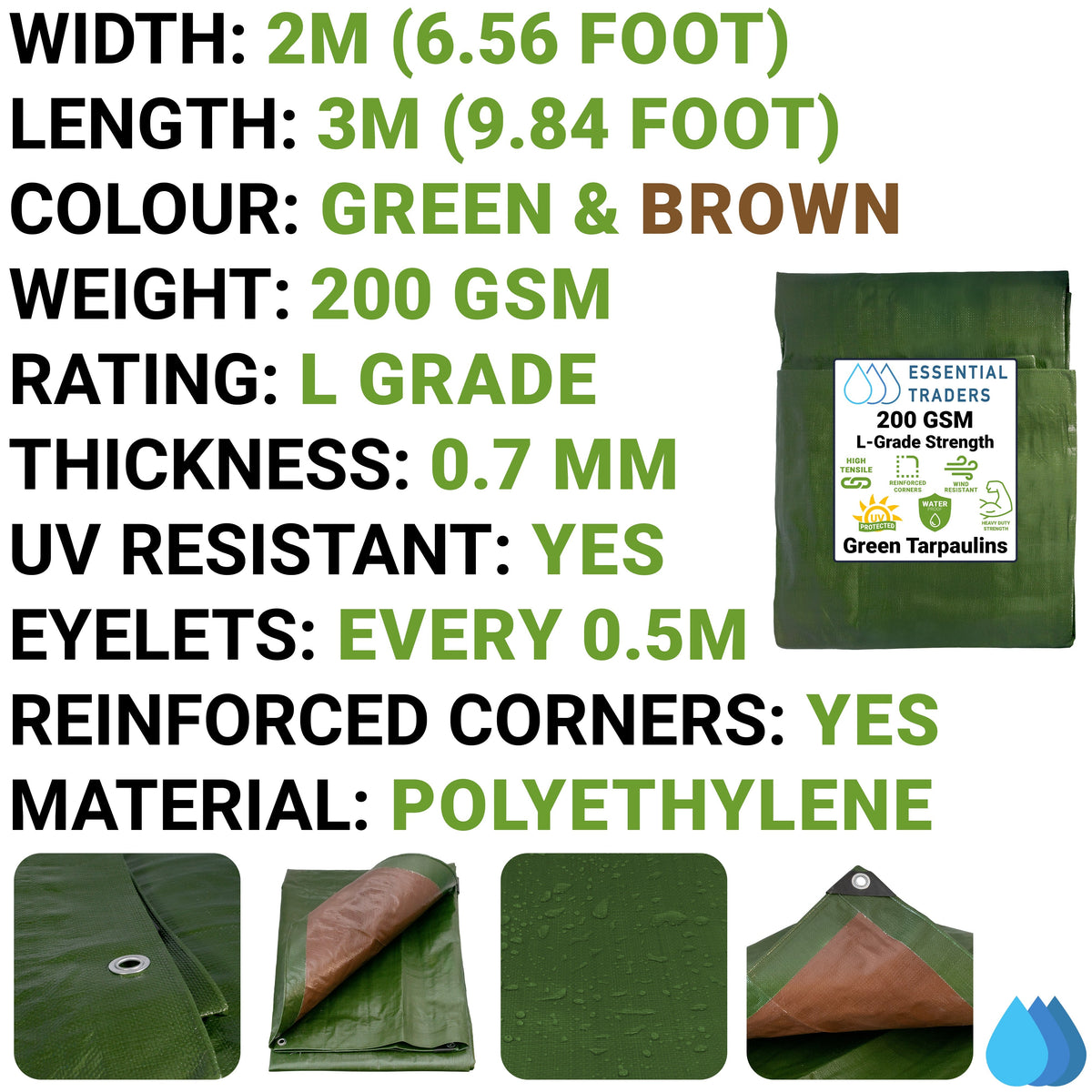 2m x 3m Green & Brown Tarpaulin - L Grade 200 GSM