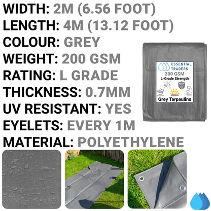 2m x 4m Grey Tarpaulin - L Grade 200 GSM
