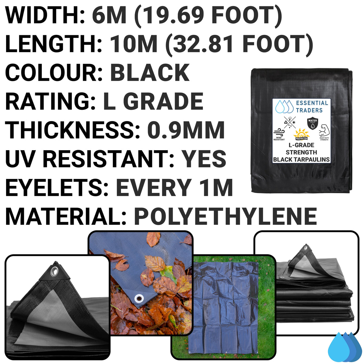 6m x 10m Black & Silver Tarpaulins, L-Grade 220 GSM