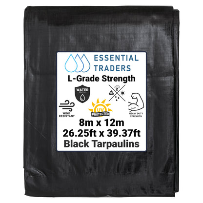 8m x 12m Black & Silver Tarpaulin - L-Grade 220 GSM
