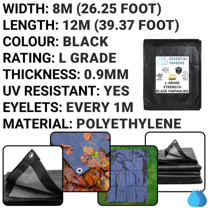 8m x 12m Black & Silver Tarpaulin - L-Grade 220 GSM