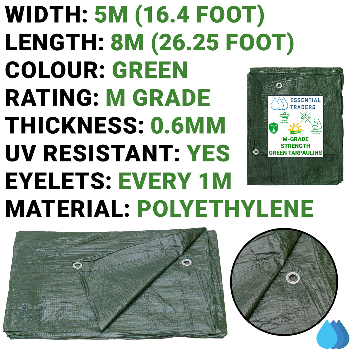 5m x 8m Green Tarpaulin  M-Grade 90 GSM