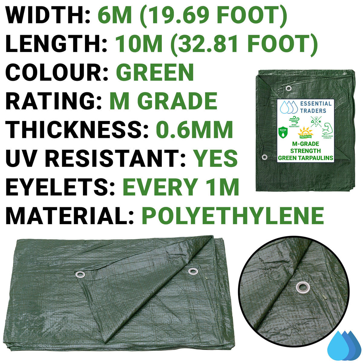 6m x 10m Green Tarpaulin M-Grade 90 GSM