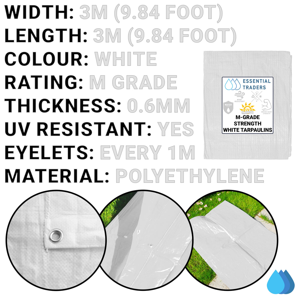 White Tarpaulin 3m x 3m M-Grade 90 GSM