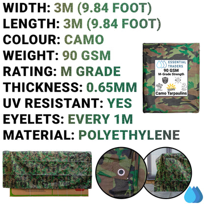 Camouflage Tarpaulin  3m x 3m M-Grade 90 GSM