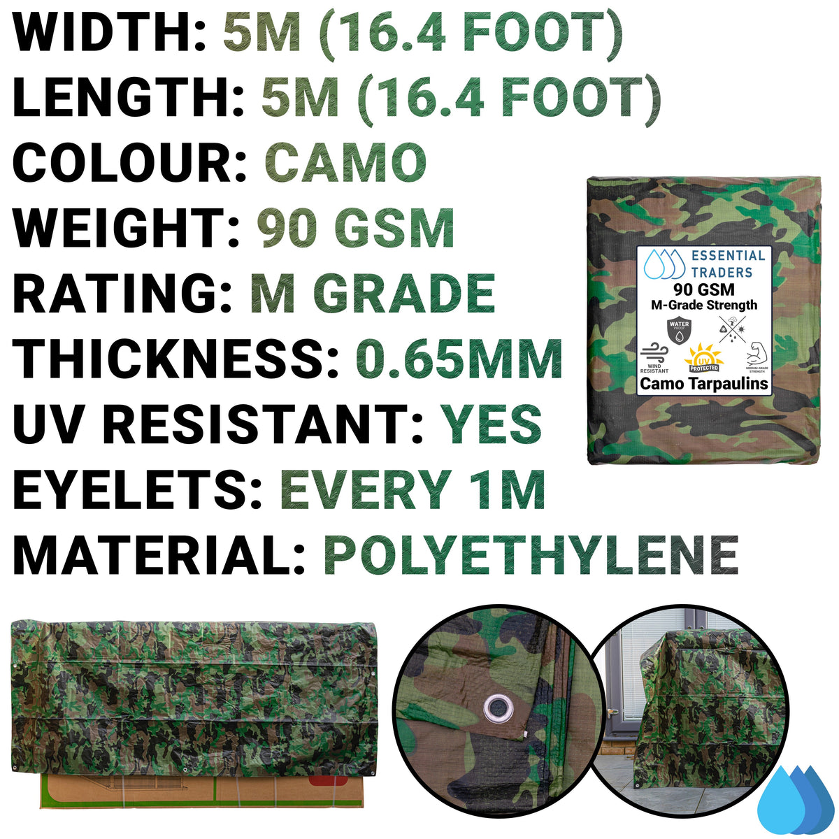 Camouflage Tarpaulin 5m x 5m  M-Grade 90 GSM