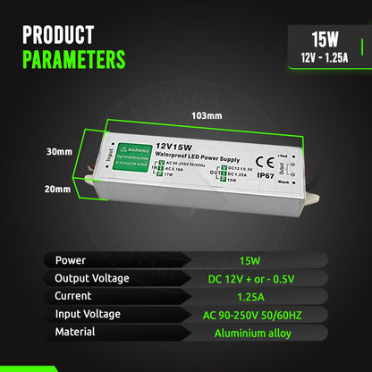 LED Power Supply Transformer DC 12V 15W -  IP67 Waterproof