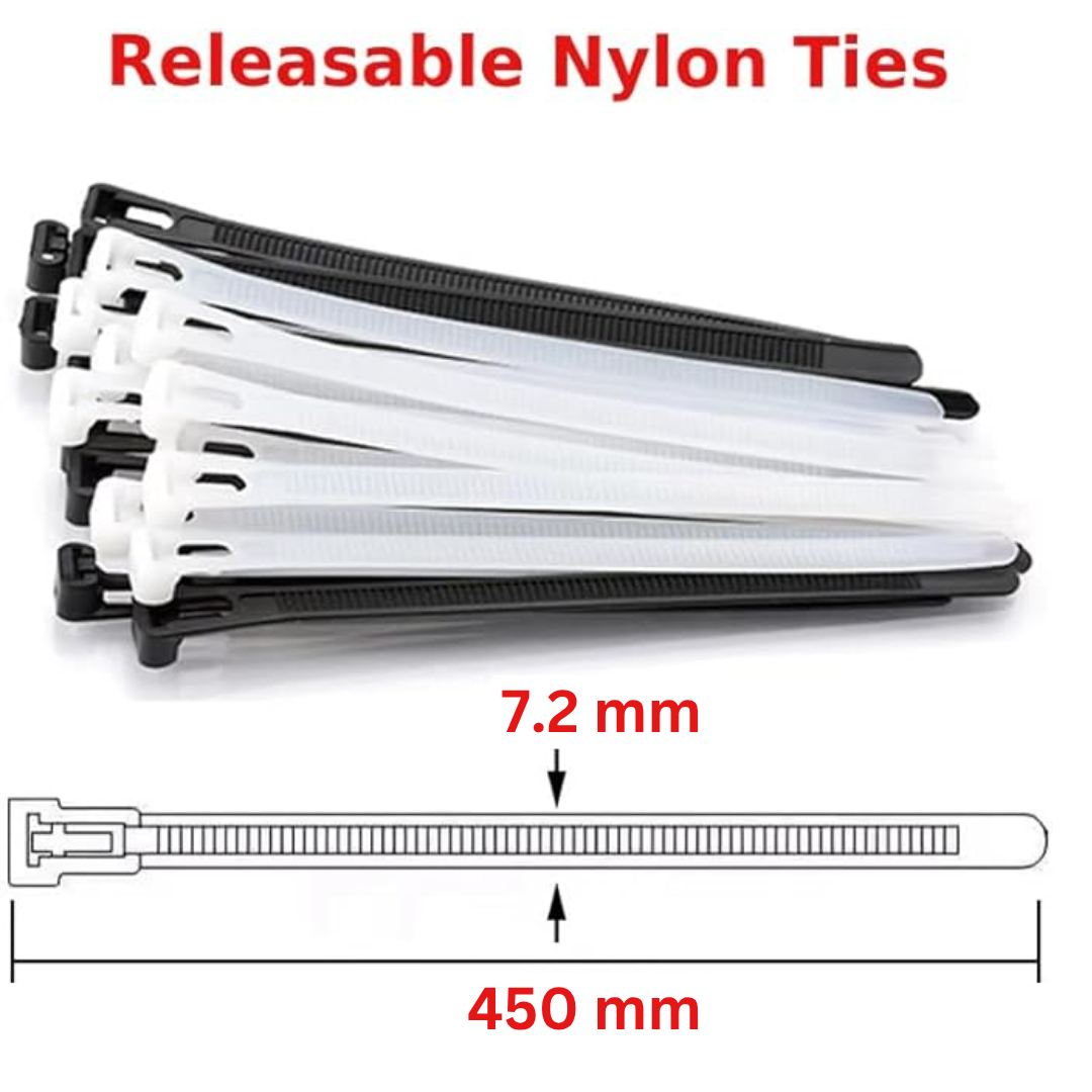 100x Reusable Cable Ties 450 x 7.2 mm - 4 Colour Options