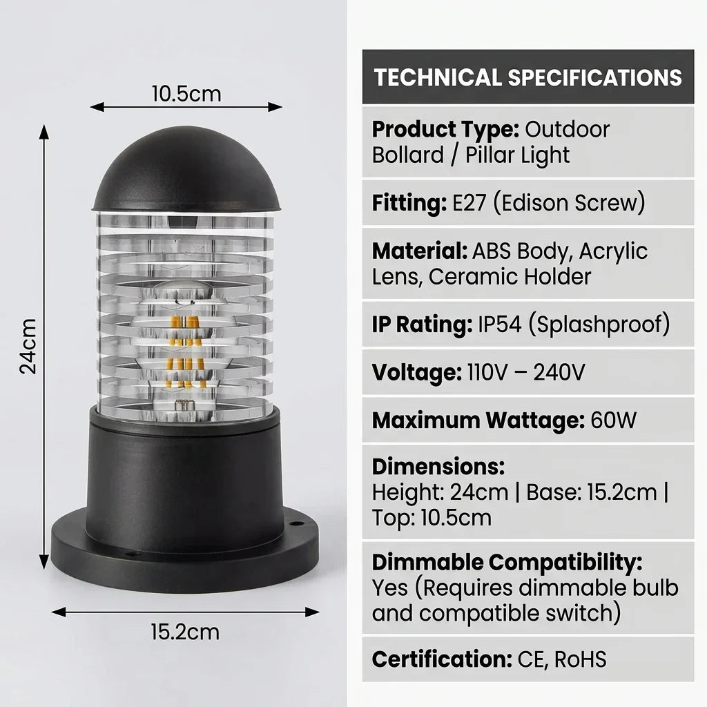 Outdoor Bollard Light E27 Garden Pillar Pathway Driveway IP54
