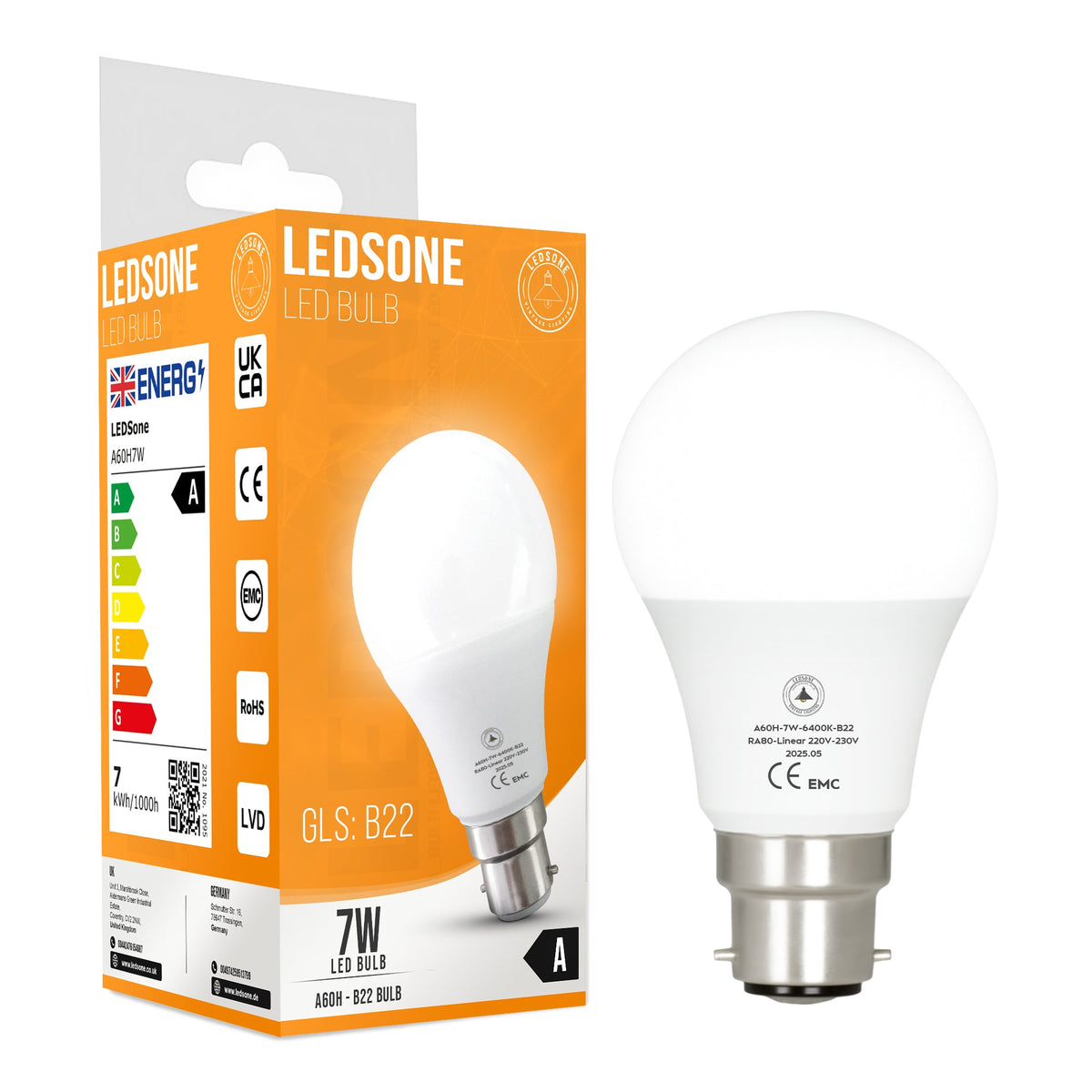 LED A60H B22 7W Cool White 6400K Non-Dimmable Bulb