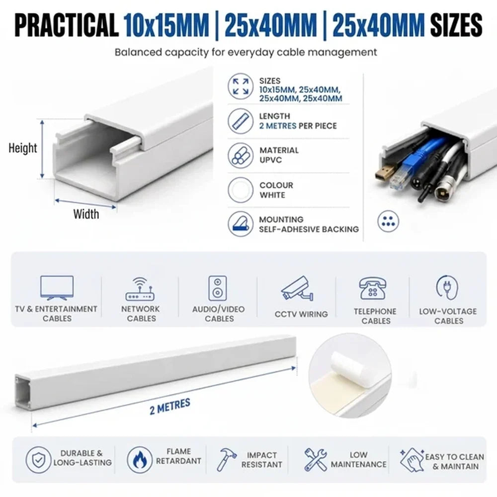 Cable Trunking with White Self Adhesive Cover - 3 Size Options