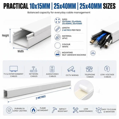 Cable Trunking with White Self Adhesive Cover - 3 Size Options